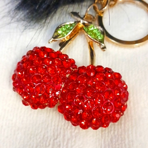 Crystal Cherries Bag Charm Key Chain Red w Black Faux Mink Black Pom - Picture 2 of 14